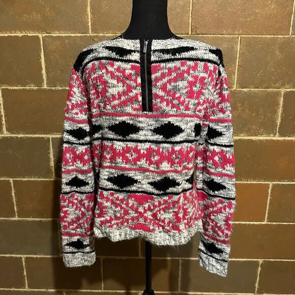 Cache Pink Geometric Knit Fuzzy Boxy Cozy Sweater Women’s L Large - Picture 5 of 9